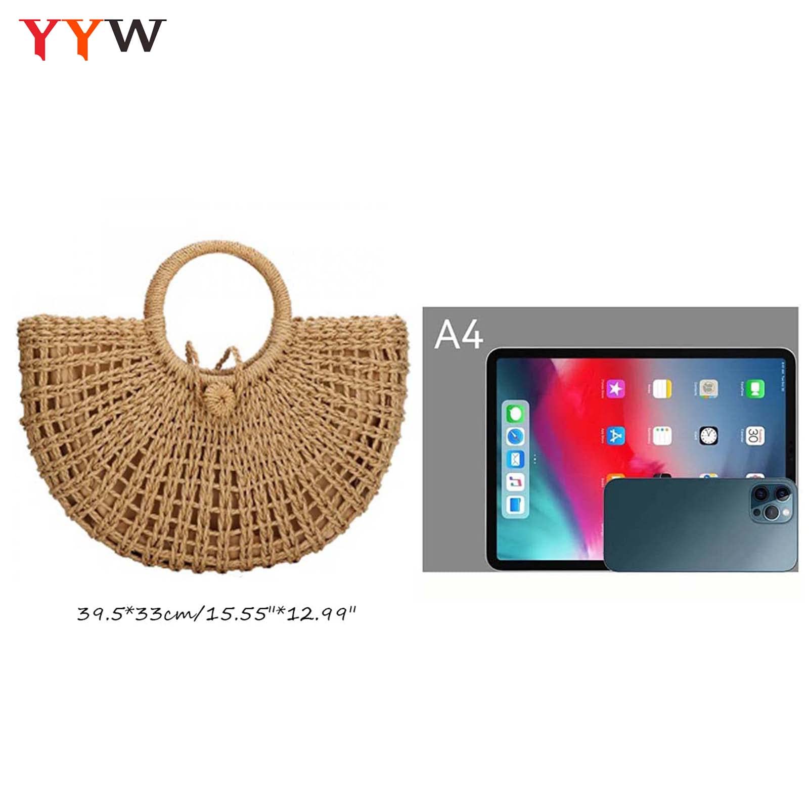 Straw Bags for Women,Hand-woven Straw Top-handle Bag with Round Ring Handle Summer Beach Rattan Tote Handbag (Black)
