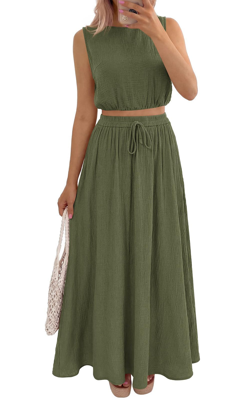 PRETTYGARDEN Two Piece Skirts Sets for Women Going Out Top A Line Flowy Skirt Double Lined Pleated 2 Piece Set Travel Outfits (Army Green, Small)