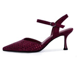 Load image into Gallery viewer, Migpuel Rhinestone Kitten Heels for Women Closed Pointed Toe Stiletto Heels Ankle Strap Buckle Prom Party Wedding Office Work Elegant Dress Pumps Shoes(Burgundy_Suede,7)
