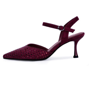 Migpuel Rhinestone Kitten Heels for Women Closed Pointed Toe Stiletto Heels Ankle Strap Buckle Prom Party Wedding Office Work Elegant Dress Pumps Shoes(Burgundy_Suede,7)