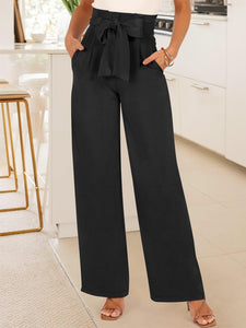 ANRABESS Womens Wide Leg Palazzo Pants Belted High Waisted Business Casual Flowy Long Trousers with Pockets Black-S