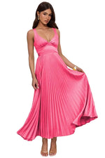 Load image into Gallery viewer, Uknztcl Pleated Satin Sleeveless Hot Pink Formal Wedding Guest Dresses for Women V-Neck A-Line Tea Lenght Formal Evening Dress with Pleates US2
