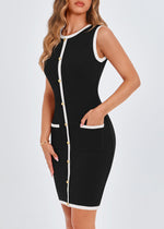 Load image into Gallery viewer, KIRUNDO Women&#39;s Semi Formal Business Casual Dress 2025 Summer Elegant Knit Slim Fit Color Block Button Work Office Dresses(Black, Medium)
