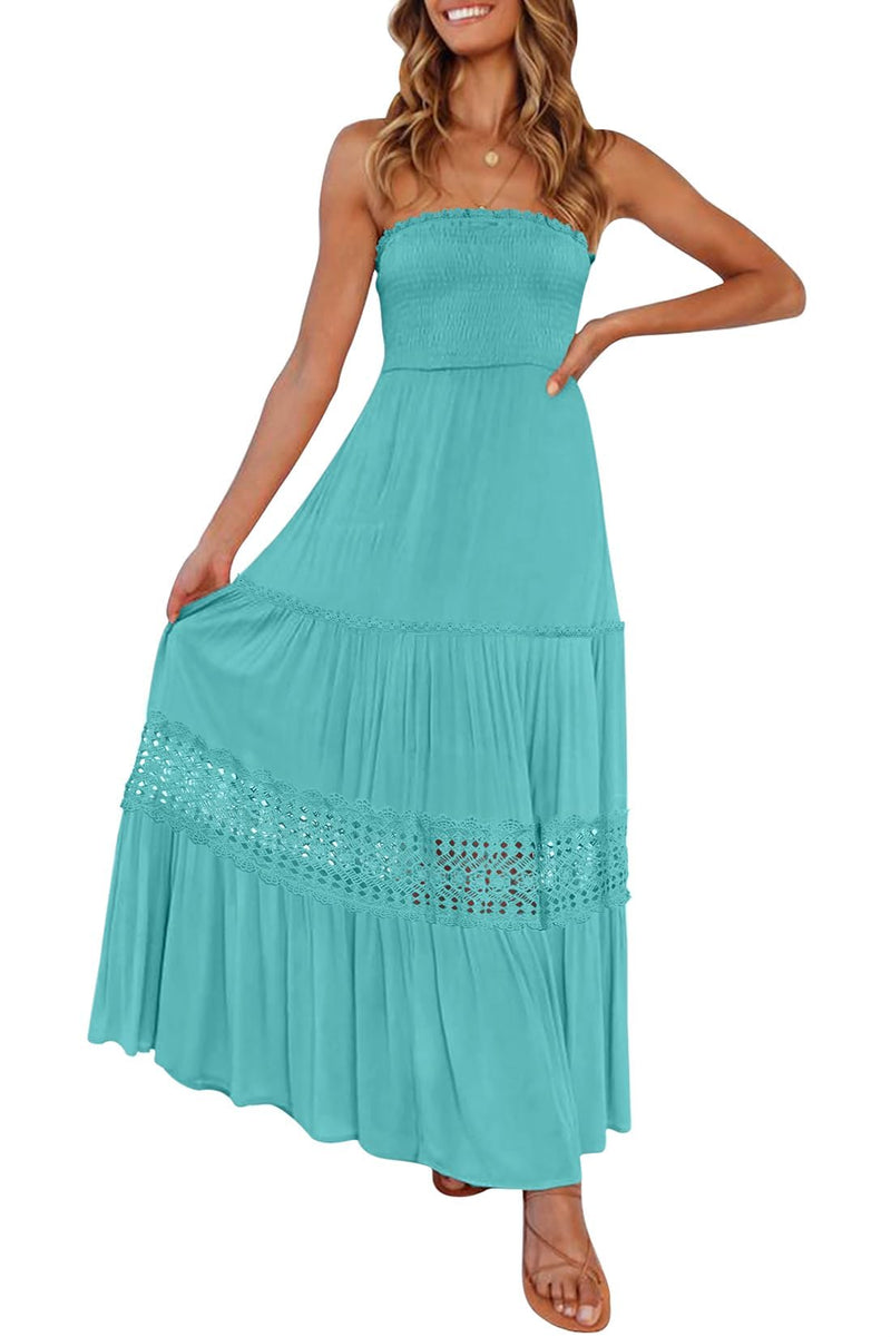 ZESICA Women's 2025 Summer Bohemian Strapless Off Shoulder Lace Trim Backless Flowy A Line Beach Long Maxi Dress,Aqua,Medium