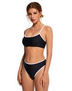 Load image into Gallery viewer, SUUKSESS Women High Waisted Two Piece Bikini Sets Cheeky High Cut Bandeau Swimsuits Push Up Bathing Suit(Black and White,M)
