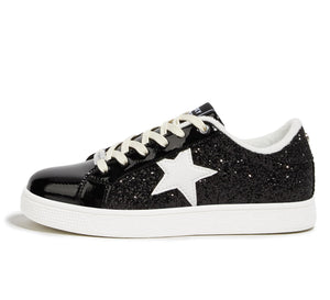 LUCKY STEP Women's Fashion Star Sneaker Lace Up Low Top Comfortable Cushioned Walking Shoes(Black Glitter,8.5 B(M) US)
