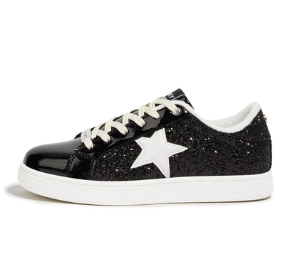 LUCKY STEP Women's Fashion Star Sneaker Lace Up Low Top Comfortable Cushioned Walking Shoes(Black Glitter,8.5 B(M) US)