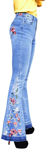 Load image into Gallery viewer, Bell Bottom Jeans for Women Flared Floral Embroidered Jean Wide Leg Denim Pants Size 8 Blue
