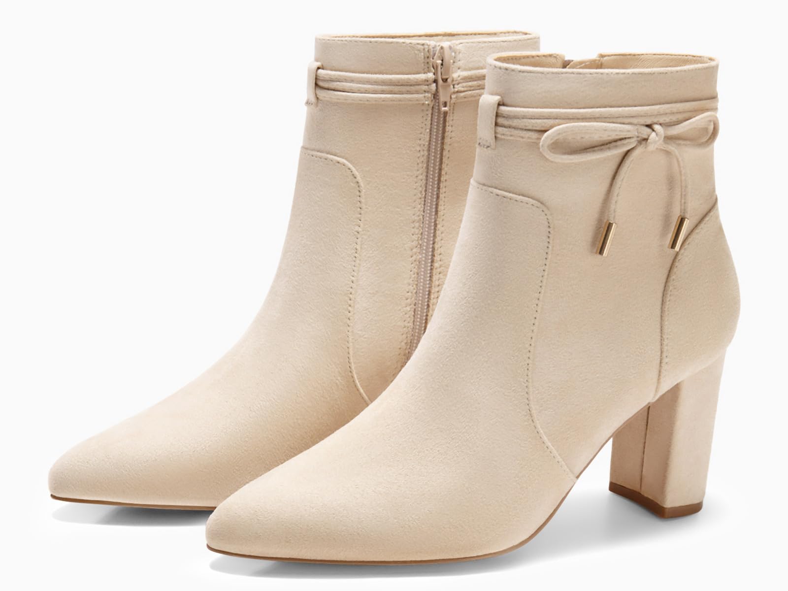 Coutgo Womens Pointed Toe Ankle Boots Chunky Block Heel Tie Knot Side Zipper Dressy Booties, Beige, Size 7.5