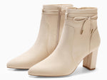 Load image into Gallery viewer, Coutgo Womens Pointed Toe Ankle Boots Chunky Block Heel Tie Knot Side Zipper Dressy Booties, Beige, Size 7.5
