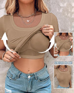 Load image into Gallery viewer, CHICME Women Built-in Bra T Shirt Top Short Sleeve Square Neck Basic Khaki Tees Casual Ribbed Knit Fitted Workout Going Out Tops-M
