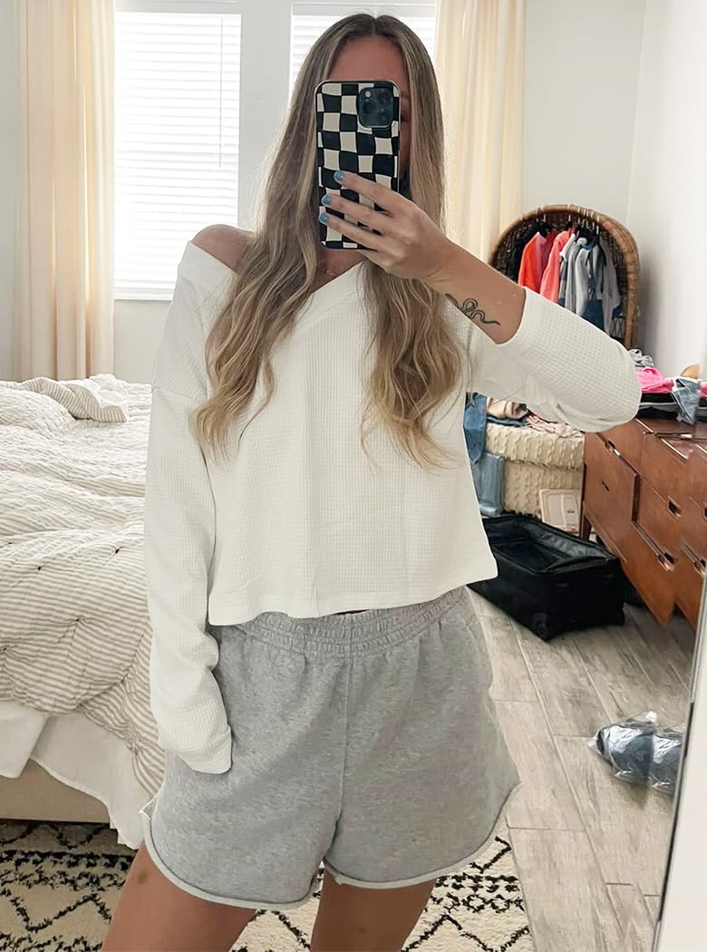 Poetsky Waffle Knit V Neck Sweater Crop Long Sleeve Women Off Shoulder Top Ladies Pullover Sweaters Fall and Winter White M