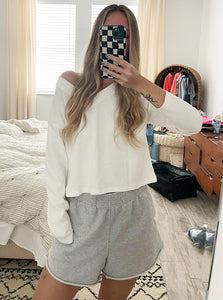 Poetsky Waffle Knit V Neck Sweater Crop Long Sleeve Women Off Shoulder Top Ladies Pullover Sweaters Fall and Winter White M