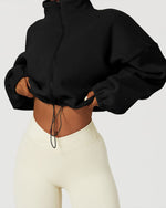 Load image into Gallery viewer, QINSEN Women&#39;s Full Zip Fleece Short Jacket Warm Winter Long Sleeve Stand Collar Sherpa Crop Coat Black M
