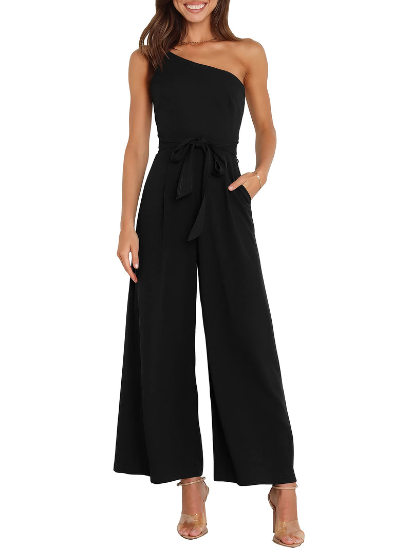 ANRABESS Women Summer Dressy Jumpsuits One Shoulder Sleeveless Casual Wide Leg Pants Romper Jumper 2025 Trendy Outfits Black Medium