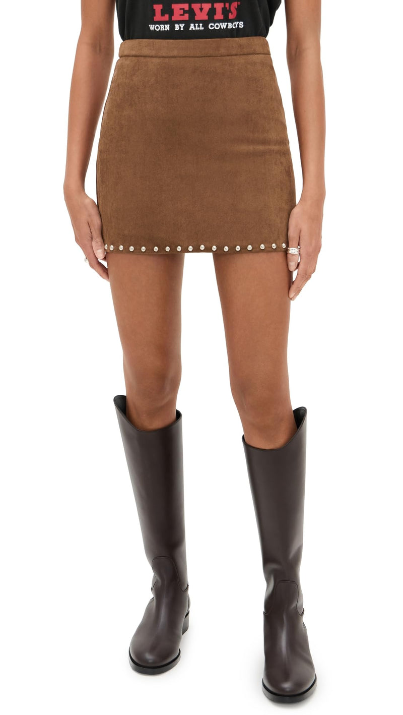 MOON RIVER Women's Moon Stud Detail Mini Skirt, Camel, Brown, S