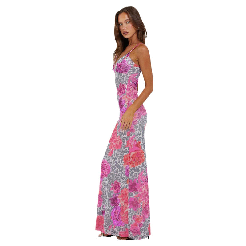 VANCOL Women Spaghetti Strap Satin Dresses Backless Hollow Casual Boho V Neck Dress Flowy Dress Red Flower