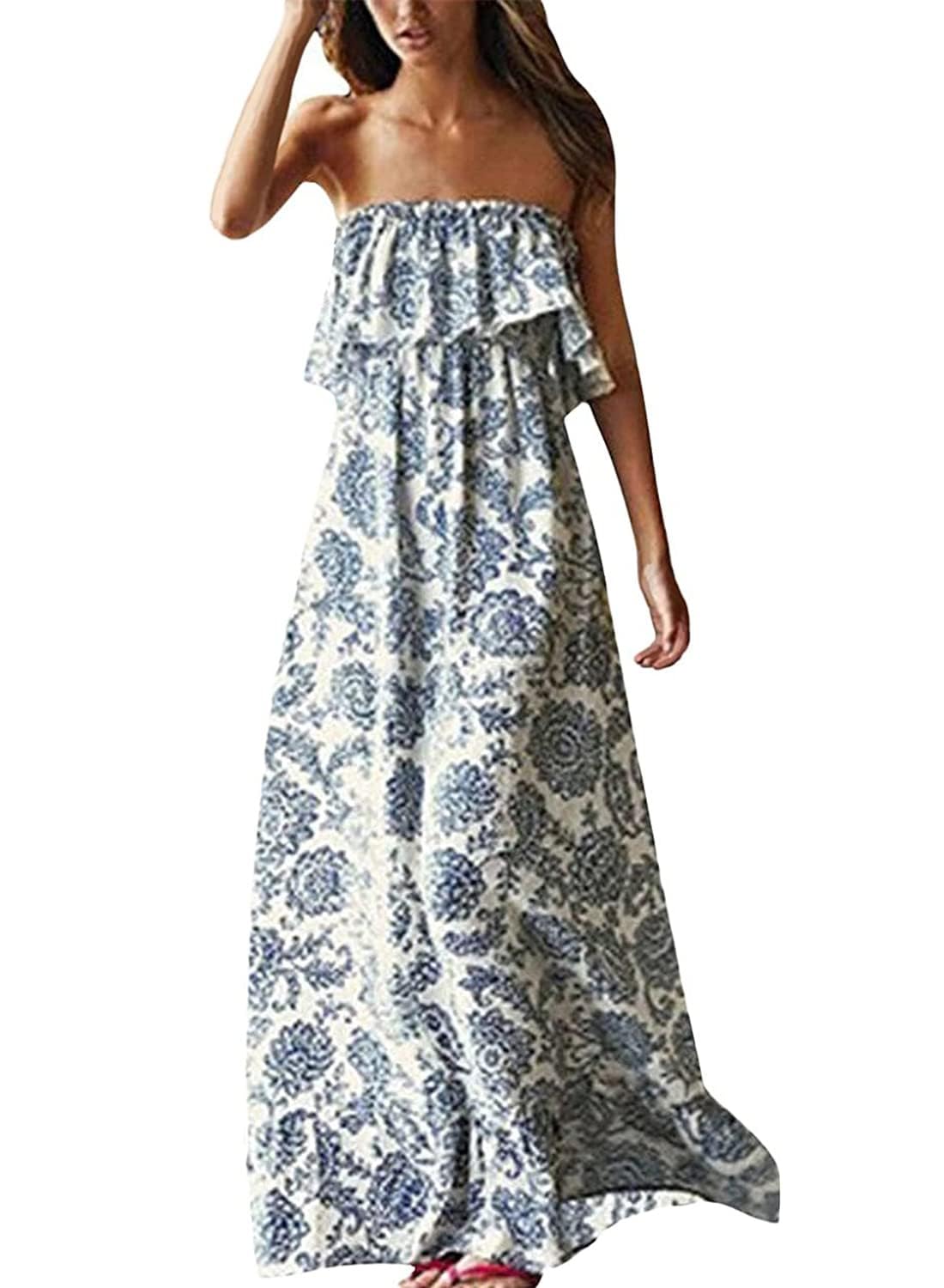 ZMPSIISA Women's Summer Off The Shoulder Maxi Dress Ruffle Strapless Blue White Porcelain Boho Casual Loose Long Dresses(A-Blue Porcelain,Medium)