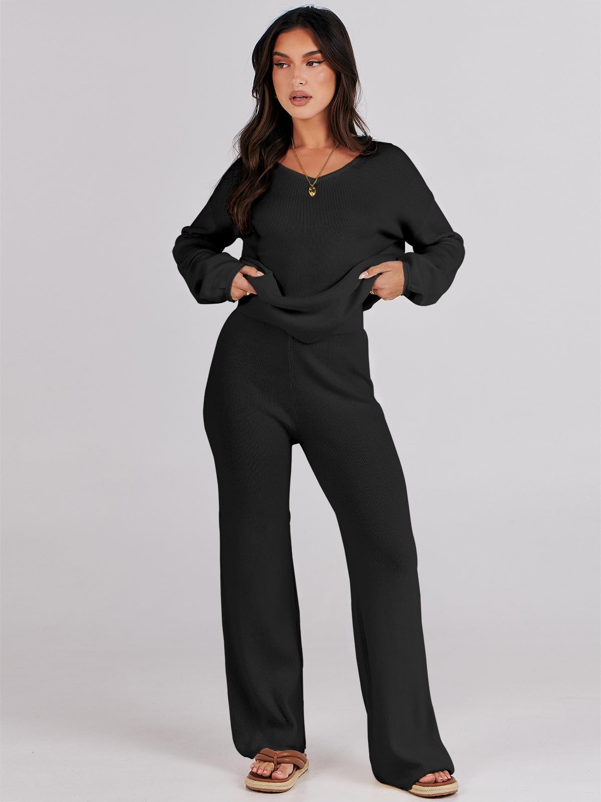 ANRABESS Women 2 Piece Outfits Sweater Lounge Sets Long Sleeve Cable Knit Pullover and Wide Leg Pants Tracksuit Matching Set Black Medium