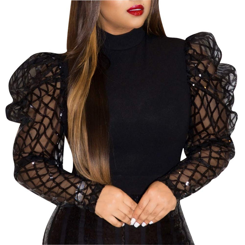 acelyn Women's Elegant Sequin Mesh Sheer Puff Long Sleeve Mock Neck Slim Fit Party Blouse Shirt Top Black S