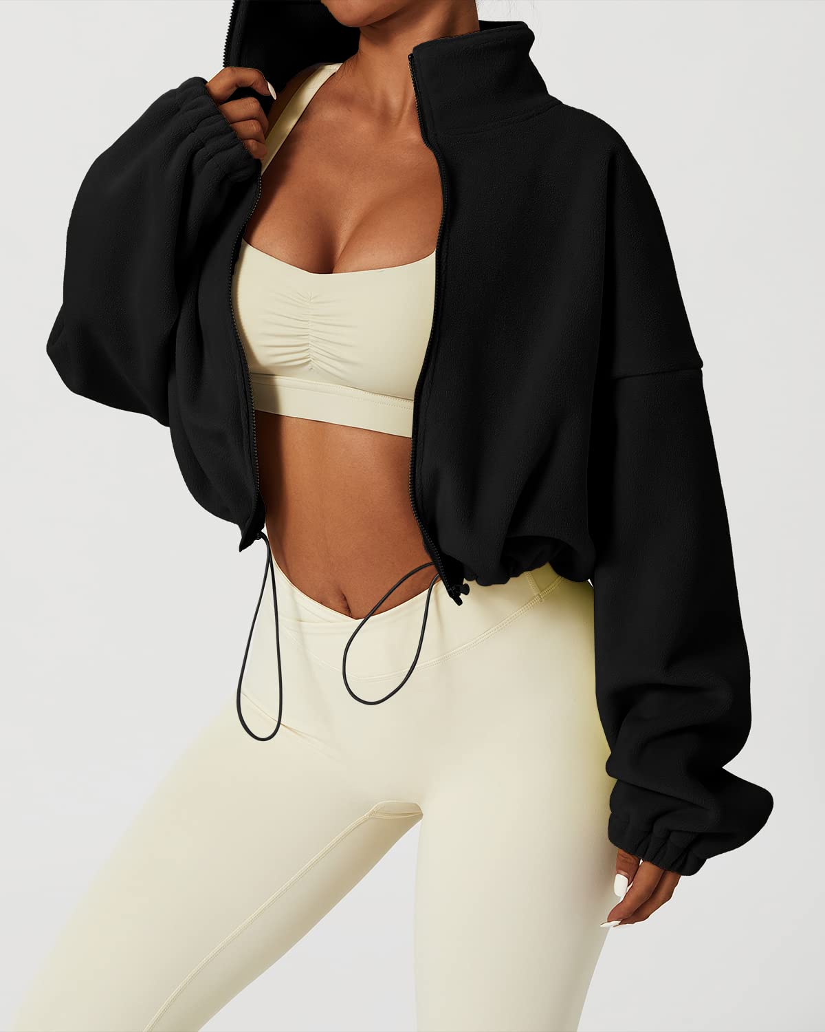 QINSEN Women's Full Zip Fleece Short Jacket Warm Winter Long Sleeve Stand Collar Sherpa Crop Coat Black M