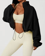 Load image into Gallery viewer, QINSEN Women&#39;s Full Zip Fleece Short Jacket Warm Winter Long Sleeve Stand Collar Sherpa Crop Coat Black M
