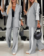 Load image into Gallery viewer, CHICME Womens Two Piece Outfits Striped Side Button Blazer and Pants with Pockets Sets Business Casual Pant Suits Set-lga-M Light Gray
