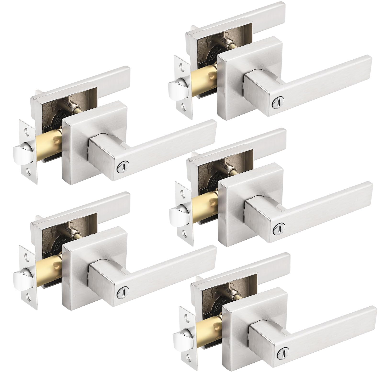 Gobrico 5 Pack Satin Nickel Square Door Levers with Privacy Lock,for Bedroom and Bathrom,Zinc Alloy Made Heavy Duty