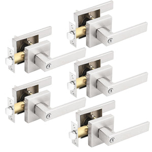 Gobrico 5 Pack Satin Nickel Square Door Levers with Privacy Lock,for Bedroom and Bathrom,Zinc Alloy Made Heavy Duty