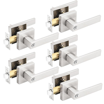 Gobrico 5 Pack Satin Nickel Square Door Levers with Privacy Lock,for Bedroom and Bathrom,Zinc Alloy Made Heavy Duty