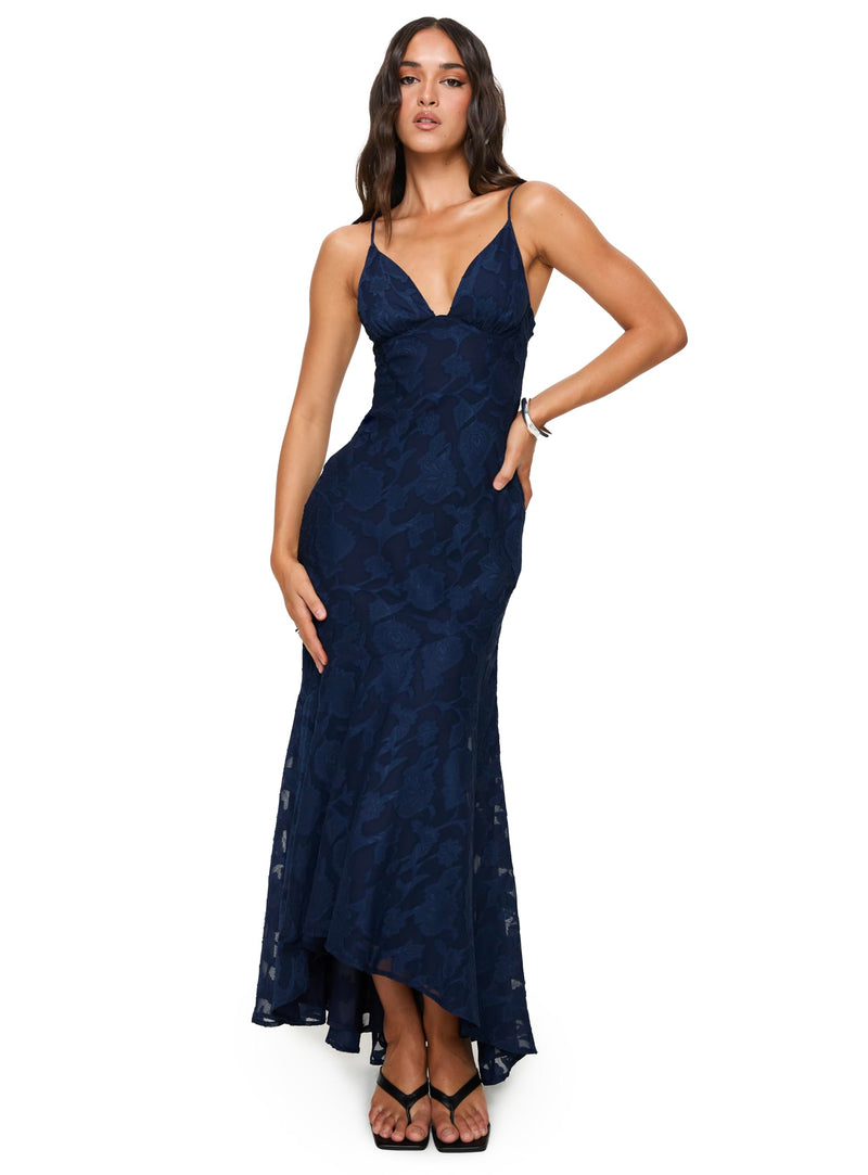 Princess Polly Cyrene Navy Floral V-Neck Backless Maxi Dress