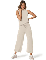 Load image into Gallery viewer, SAMPEEL Lounge Set for Women 2 Piece Spring Outfits 2024 Travel Clothing Summer Business Casual Outfits Sleeveless Wide Leg Crop Pants Sets Matching Sets Women Clothing Khaki S
