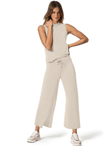 SAMPEEL Lounge Set for Women 2 Piece Spring Outfits 2024 Travel Clothing Summer Business Casual Outfits Sleeveless Wide Leg Crop Pants Sets Matching Sets Women Clothing Khaki S