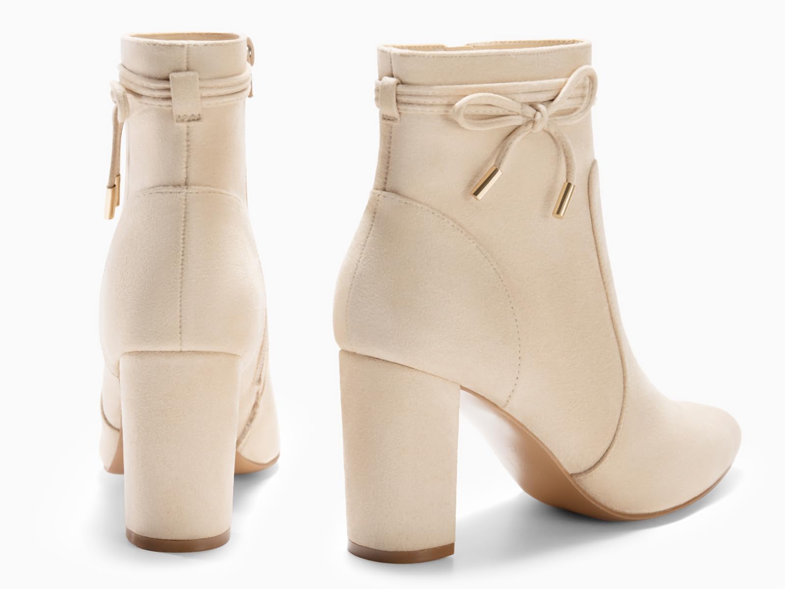 Coutgo Womens Pointed Toe Ankle Boots Chunky Block Heel Tie Knot Side Zipper Dressy Booties, Beige, Size 7.5