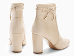 Load image into Gallery viewer, Coutgo Womens Pointed Toe Ankle Boots Chunky Block Heel Tie Knot Side Zipper Dressy Booties, Beige, Size 7.5

