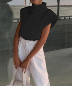 Load image into Gallery viewer, xxxiticat Women's Shoulder Pad Sweater Sleeveless Turtleneck Wide Shoulder Knitted Black Sweater Vest Crop Neutral Top(BL,M)

