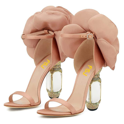 FSJ Women Flower Crystal Chunky Block High Heel Ankle Strap Sandals Open Toe Fashion Dress Evening Party Shoes Size 8 Nude