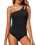 Load image into Gallery viewer, Holipick One Shoulder One Piece Swimsuit for Women Tummy Control Bathing Suits Modest Full Coverage Keyhole Swimwear Black
