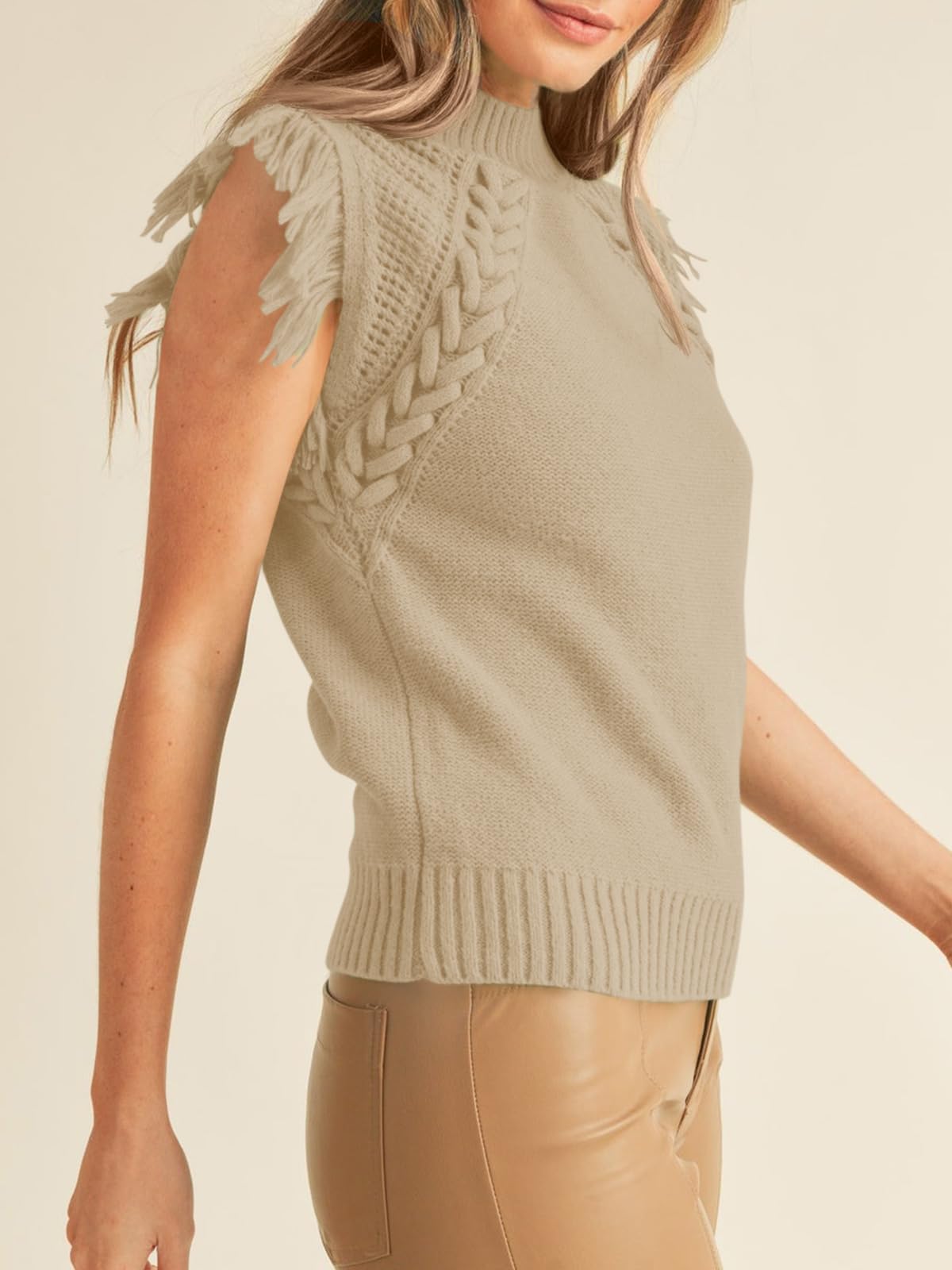 Saodimallsu Womens Sleeveless Sweater Vest Mock Neck Cable Knit Fringe Cap Sleeve Boho Trendy Pullover Tank Tops Khaki