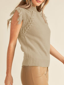 Saodimallsu Womens Sleeveless Sweater Vest Mock Neck Cable Knit Fringe Cap Sleeve Boho Trendy Pullover Tank Tops Khaki