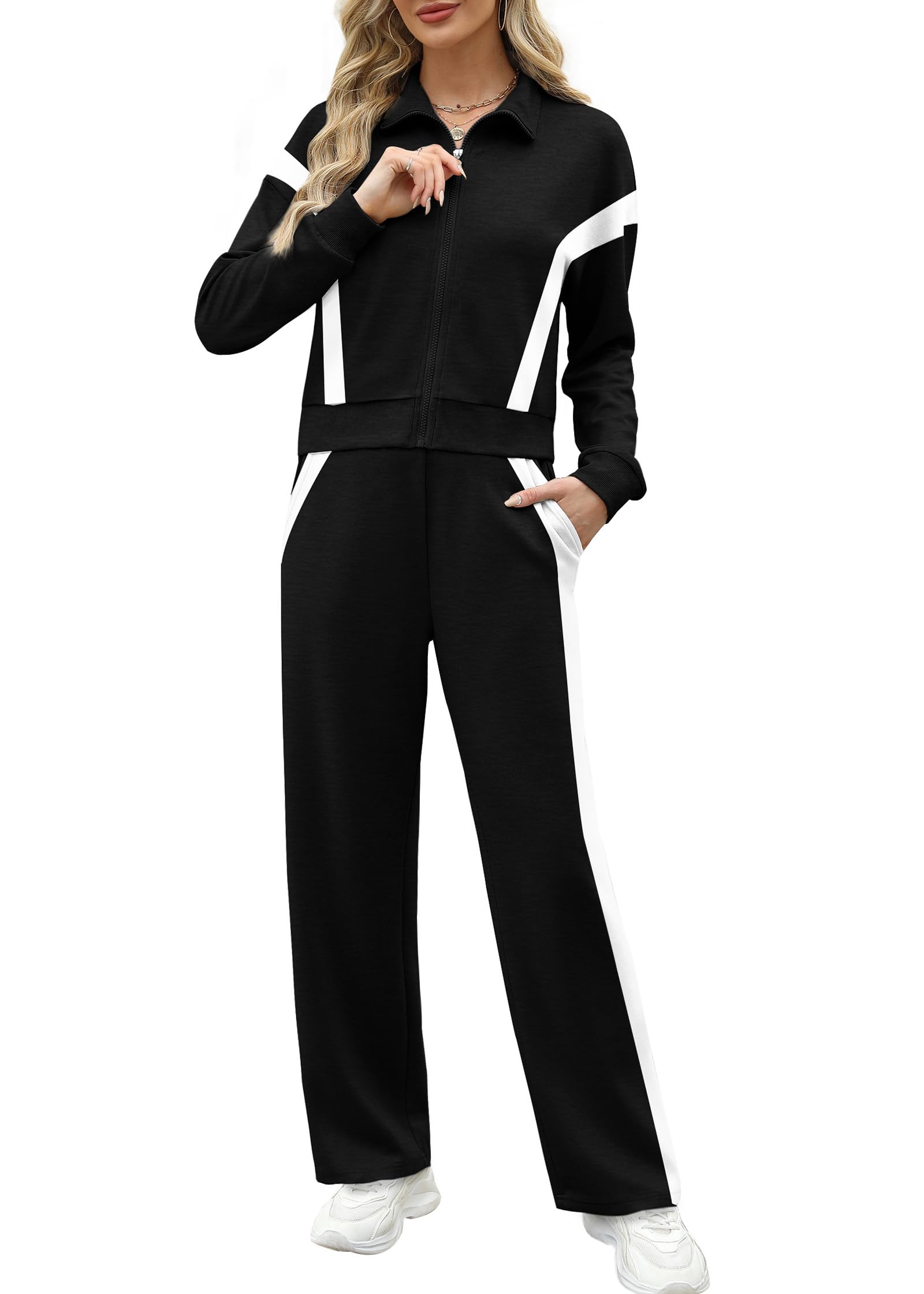 XIEERDUO Lounge Sets for Women Fall Outfits 2025 Airport Outfits Cruise Two 2 Piece Teacher Zip Up Sweatsuits Workout Set Tracksuit Fashion Clothes Winter Travel Vacation Essentials Sweatshirt Black M