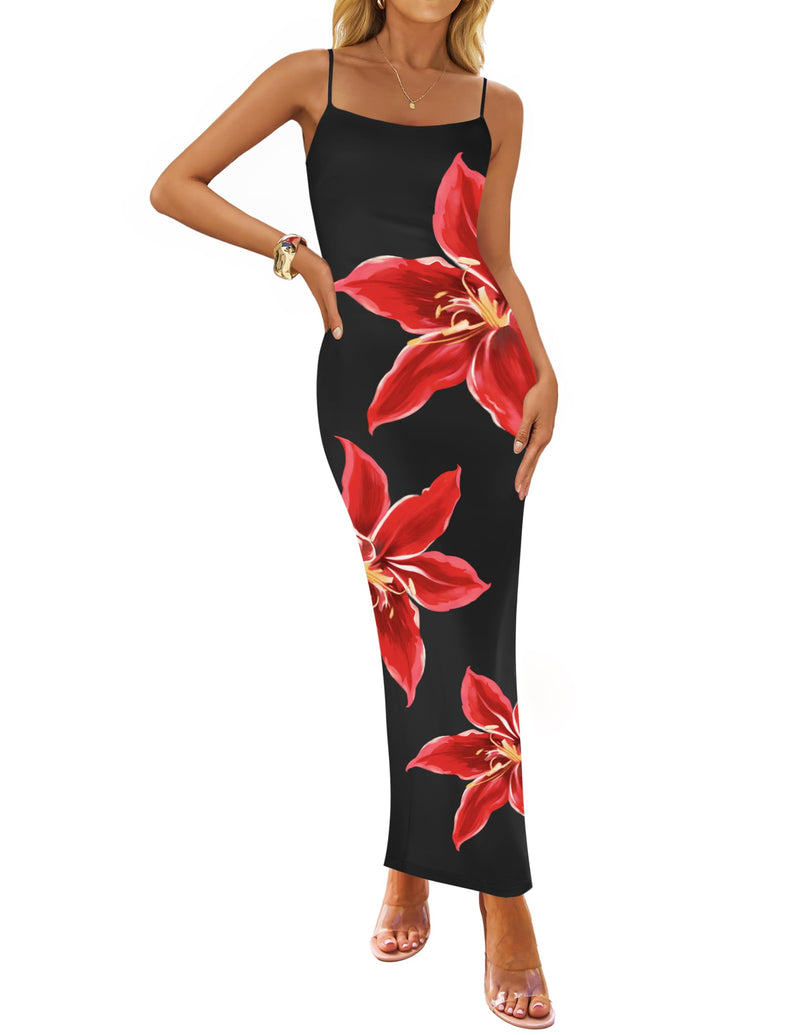 ZESICA Women’s Summer Bodycon Maxi Dresses 2026 Floral Spaghetti Strap Square Neck Sleeveless Boho Beach Long Dresses,Black,Medium