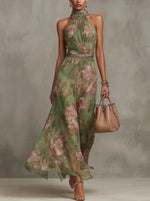 Load image into Gallery viewer, Wedding Guest Dresses for Women Chiffon Watercolor Floral Maxi Dress Halter Neck Sleeveless Pretty Garden Dresses Green
