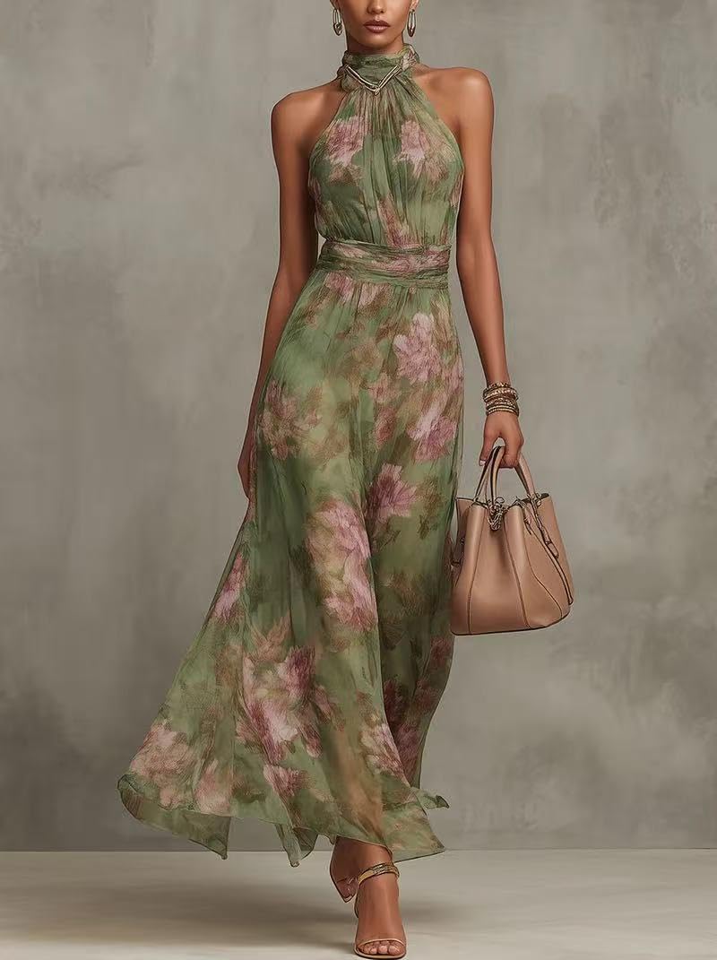 Wedding Guest Dresses for Women Chiffon Watercolor Floral Maxi Dress Halter Neck Sleeveless Pretty Garden Dresses Green