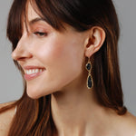 Load image into Gallery viewer, Black and Gold Tone Earrings for Women - Simulated Druzy Drop Dangles - Long Double Teardrop Dangly Earrings for Women, Gold Tone - Black Stone
