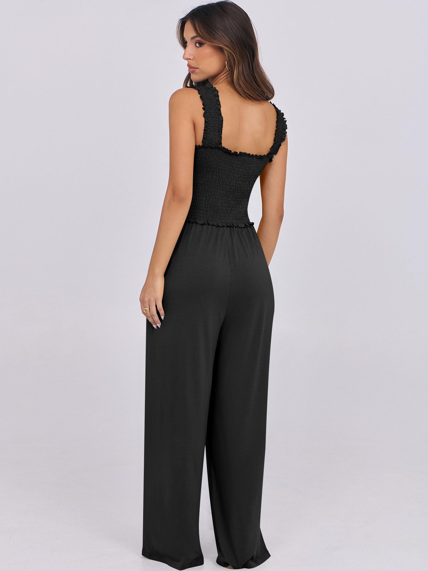 ANRABESS Womens Casual Summer Jumpsuits Smocked Sleeveless Wide Leg Long Romper Jumpers Dressy 2025 Vacation Outfits Black M