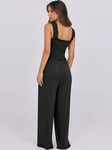 ANRABESS Womens Casual Summer Jumpsuits Smocked Sleeveless Wide Leg Long Romper Jumpers Dressy 2025 Vacation Outfits Black M