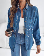 Load image into Gallery viewer, CHICME Womens Pearl Rhinestone Embellished Denim Shirt Long Sleeve Button Down Turn Down Collar Casual Jean Blouse Top for Daily and Party-Blue-M
