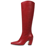 Load image into Gallery viewer, Oiamenne Red Boots for Women Knee High Square Toe Chunky Heel Leather Tall Boots with Side Zipper Fashion Wide Calf Long Boots,Size 8.5
