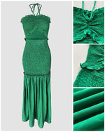 Load image into Gallery viewer, CHICME Floral Printed Prom Dress Tie Ruched Shirred Bandeau Party Dress Slim Fit Ruffle Hem Vacation Dresses Solid Green-M
